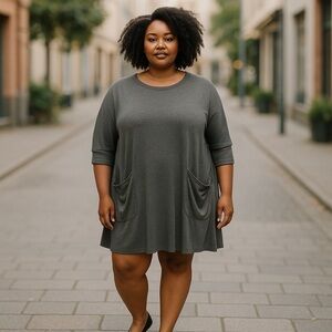 Emerald‎ Boho Gray 3/4 Sleeve T-shirt Dress Women's Size 1XL Front Pockets